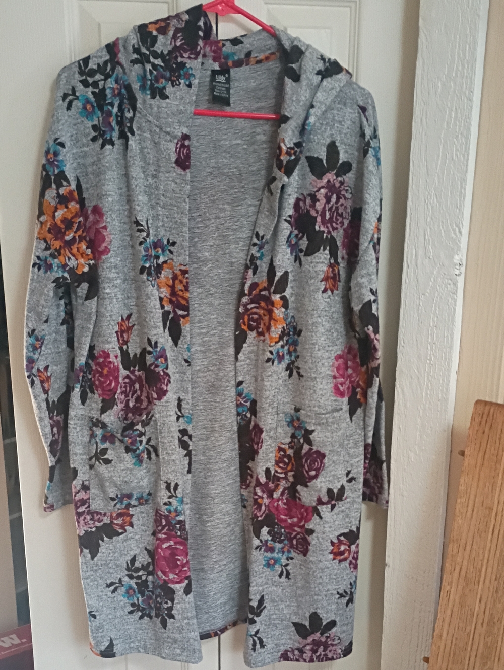 Floral Hooded Open Cardigan - Gray with Pink, Purple & Orange Blooms